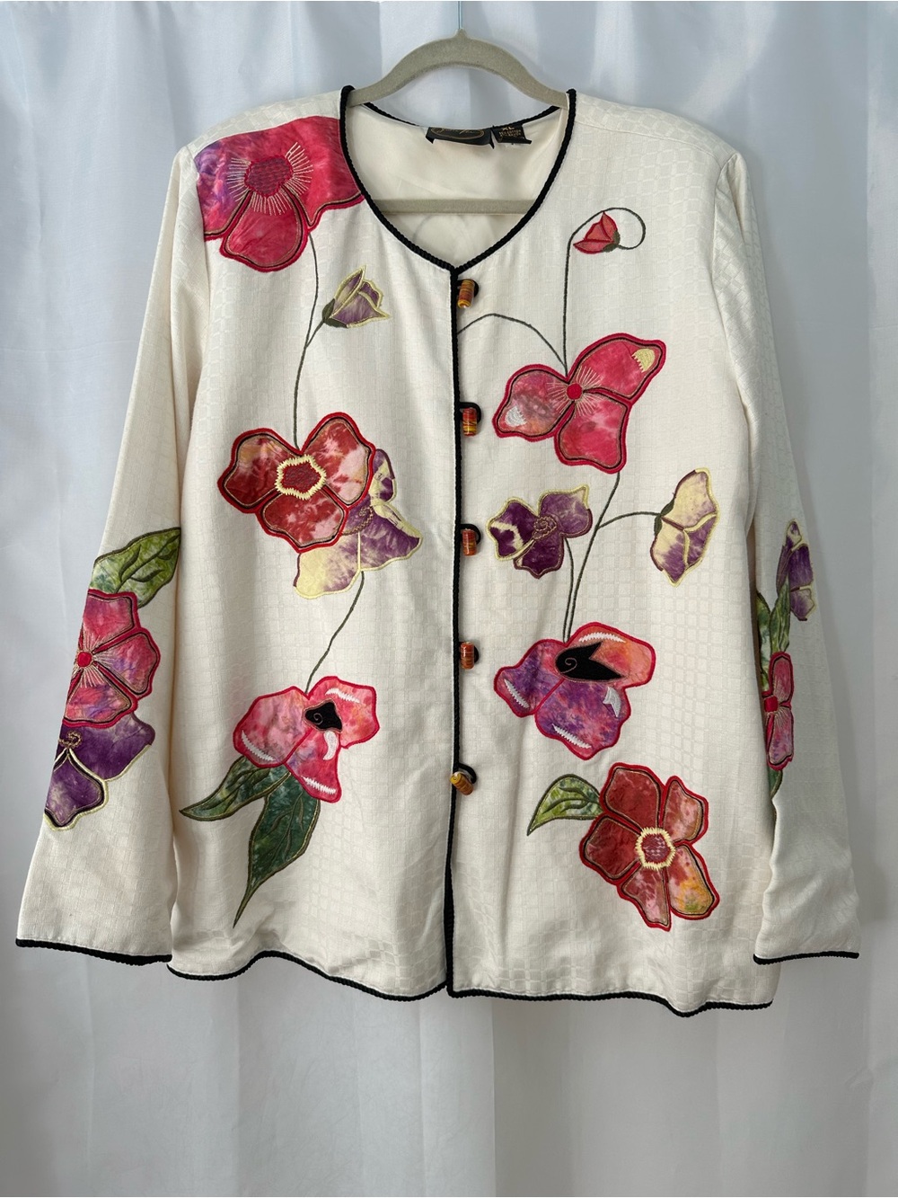 Julia Kim XL Cream Floral Embroidered Appliqué Jacket Glass Beads Cottagecore